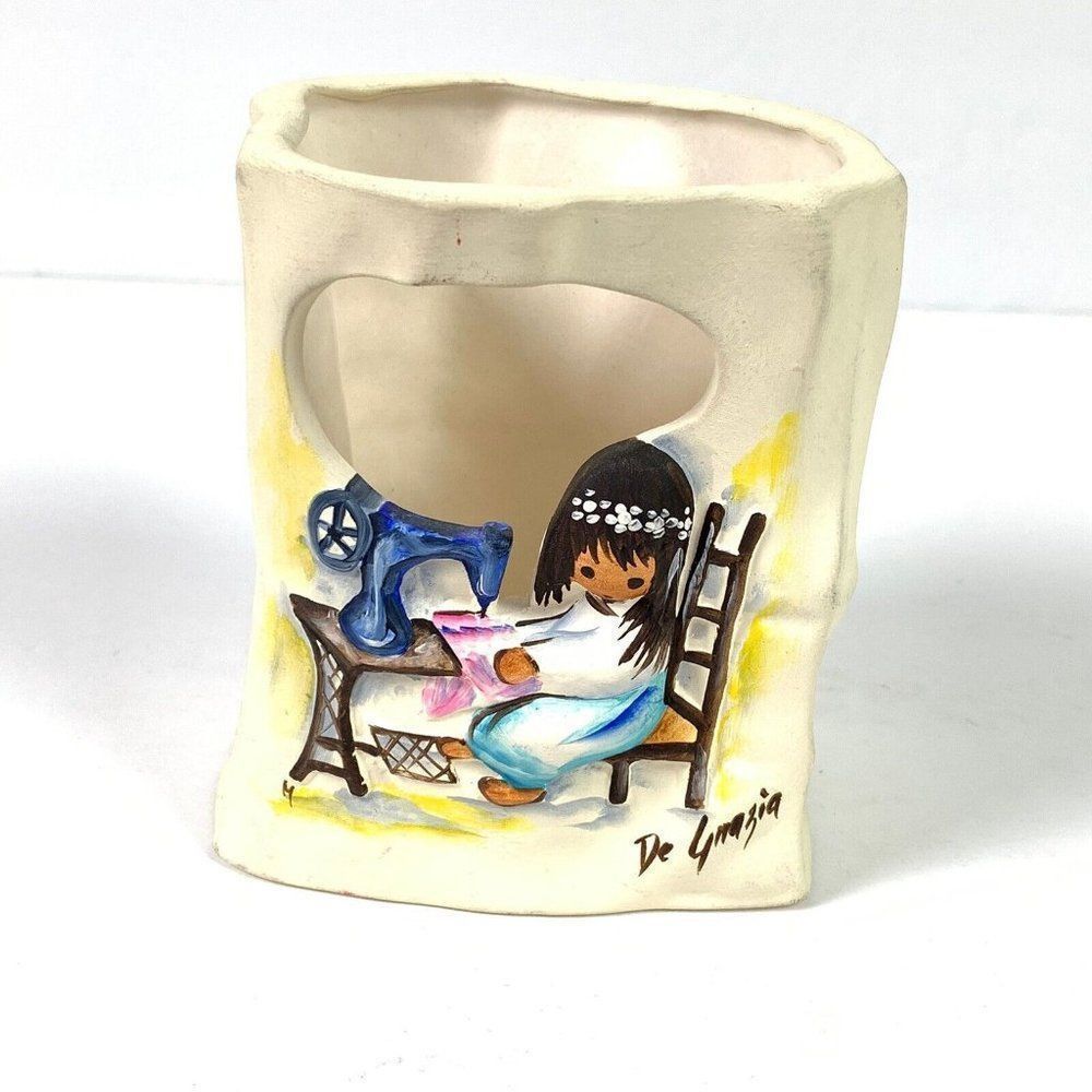 Candle Holder Luminaria De Grazia Girl Sewing Seamstress Bag Vase 4.25" Degrazia
